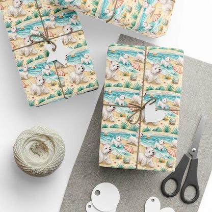 Westie Beach Wrapping Paper — styled gift wrapping with scissors and twine