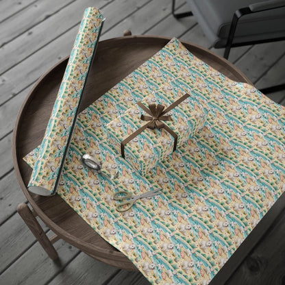 Westie Beach Wrapping Paper — gift wrapping presented on a wooden table