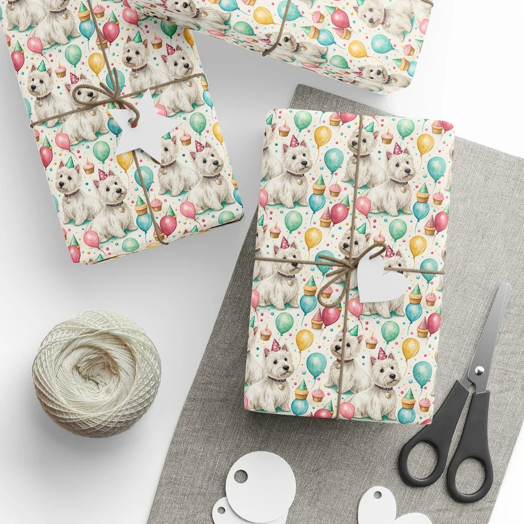 Westie Birthday Wrapping Paper — styled gift wrapping with scissors and twine