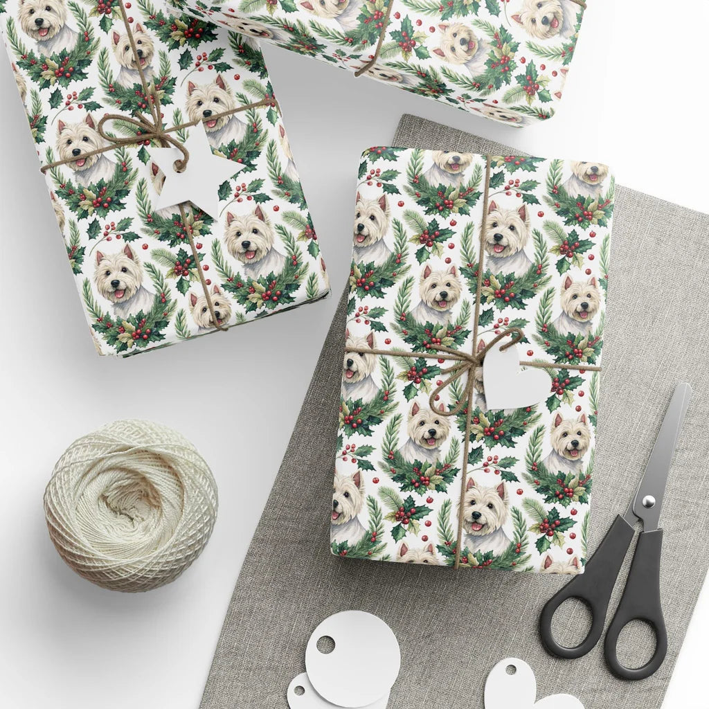 Westie Portrait Wreath Wrapping Paper — styled gift wrapping with scissors and twine