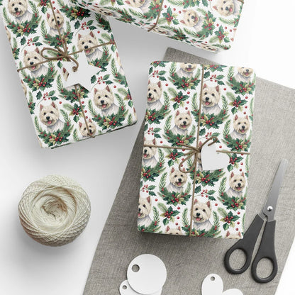Westie Portrait Wreath Wrapping Paper — styled gift wrapping with scissors and twine