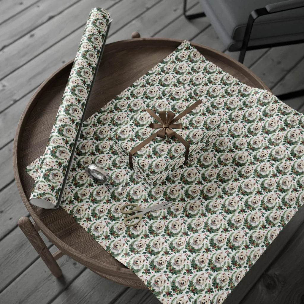 Westie Portrait Wreath Wrapping Paper — gift wrapping presented on a wooden table