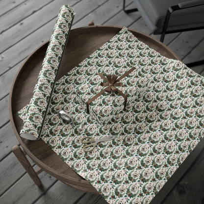 Westie Portrait Wreath Wrapping Paper — gift wrapping presented on a wooden table