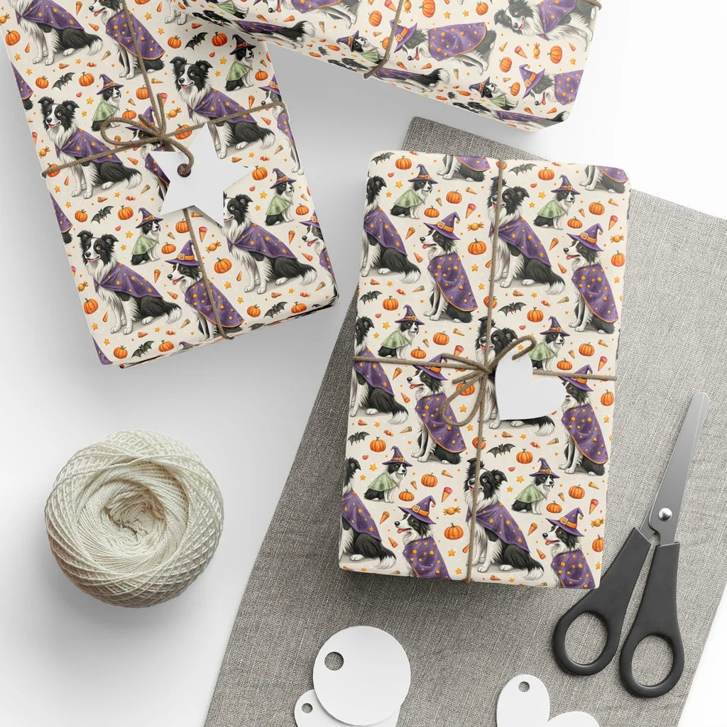 Witch Better Have My Treats: Border Collie Halloween Wrapping Paper — styled gift wrapping with scissors and twine