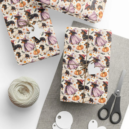 Witch Dachshund Halloween Wrapping Paper — styled gift wrapping with scissors and twine
