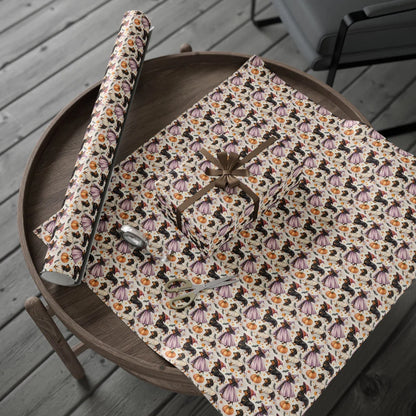 Witch Dachshund Halloween Wrapping Paper — gift wrapping presented on a wooden table