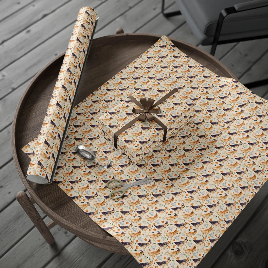 Witch Golden Retriever Halloween Wrapping Paper — gift wrapping presented on a wooden table