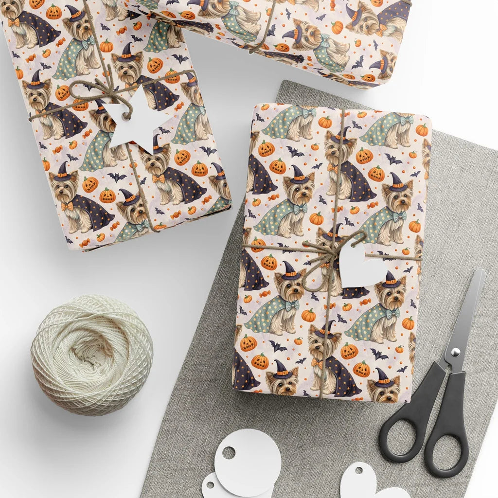 Witch Please: Yorkshire Terrier Halloween Wrapping Paper — styled gift wrapping with scissors and twine