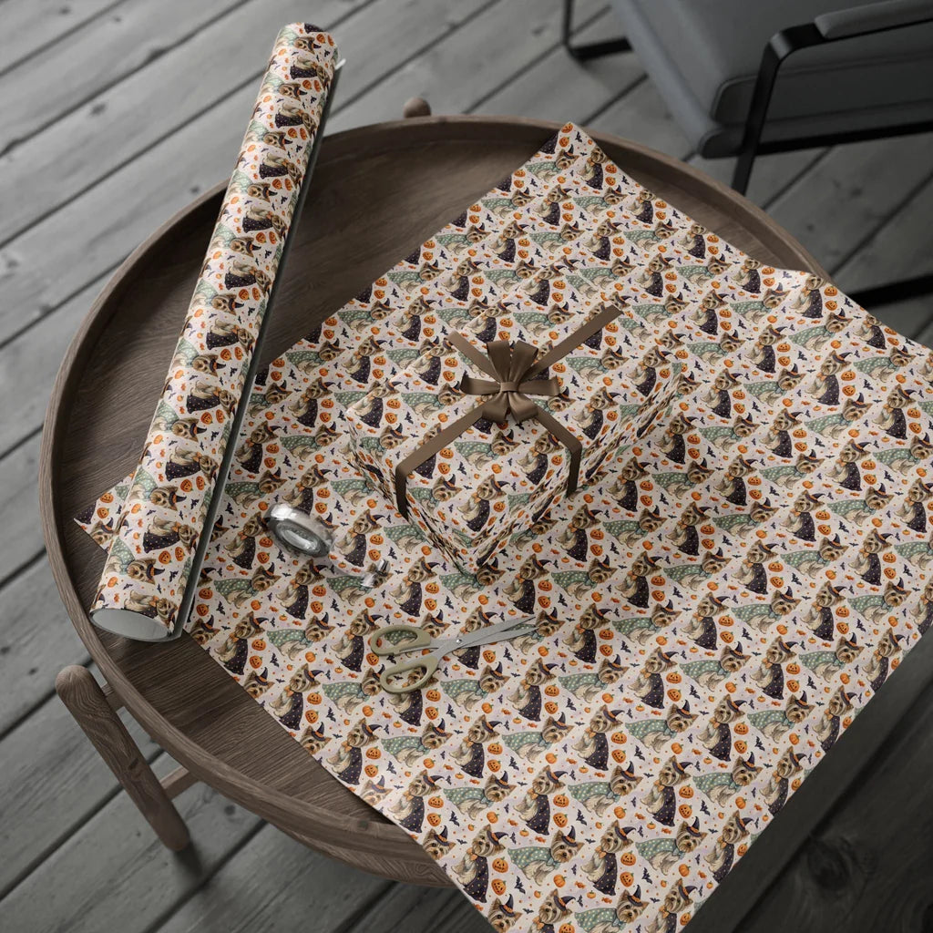 Witch Please: Yorkshire Terrier Halloween Wrapping Paper — gift wrapping presented on a wooden table