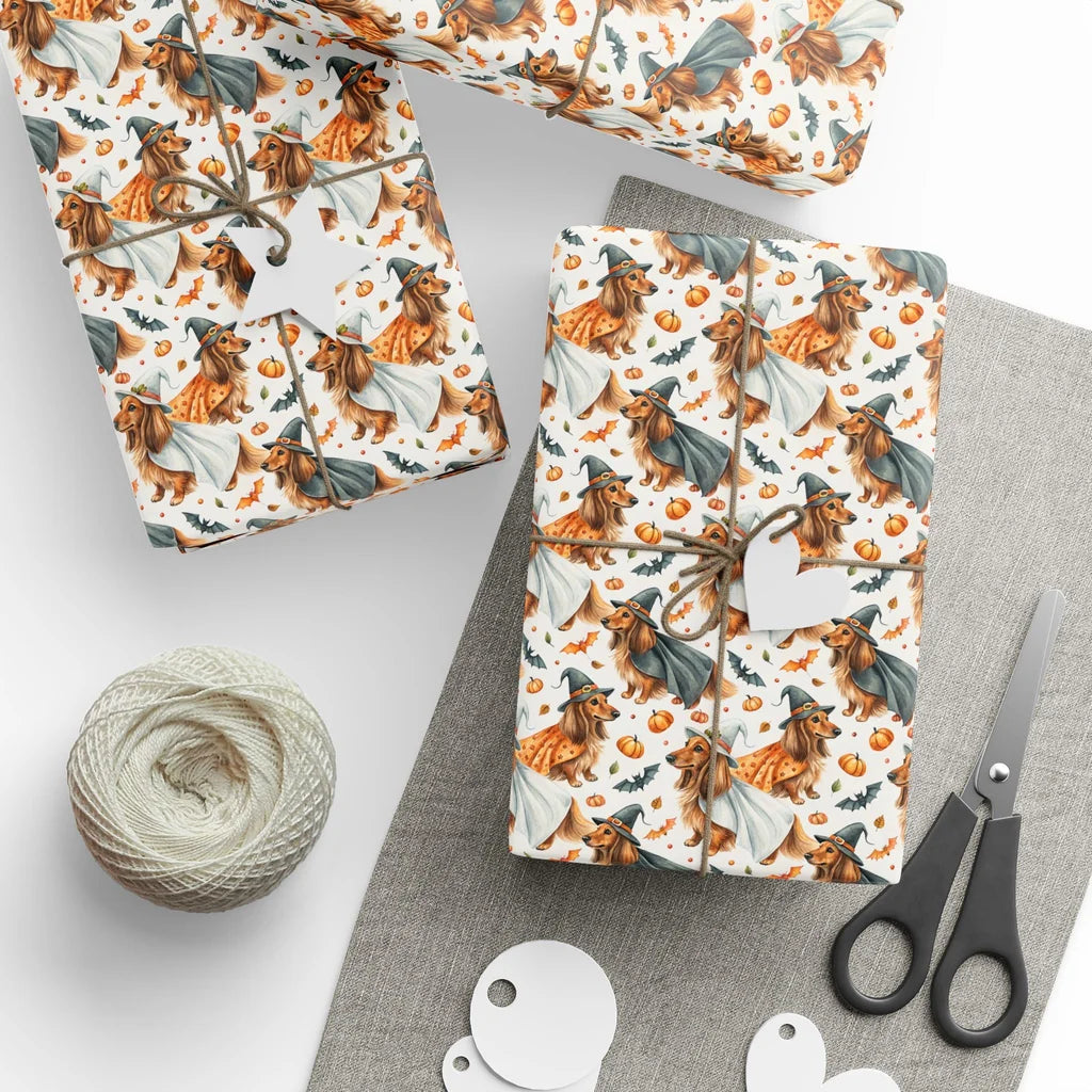 Witch Way to the Treats? Dachshund Halloween Wrapping Paper — styled gift wrapping with scissors and twine