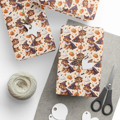 Witch Way to Treats? Doodle Halloween Wrapping Paper — styled gift wrapping with scissors and twine