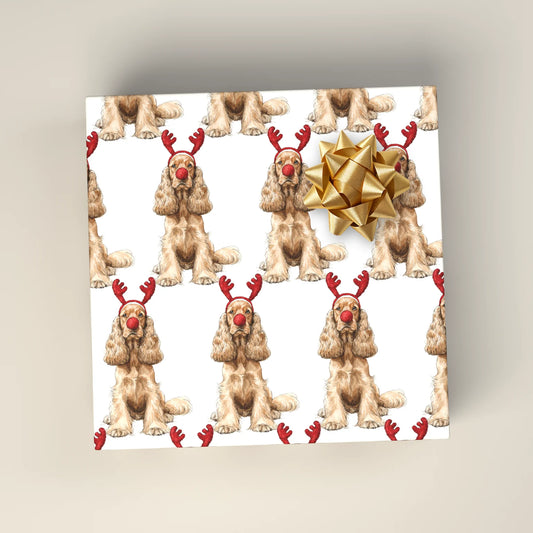 Reindog Cocker Spaniel Wrapping Paper on a wrapped gift box