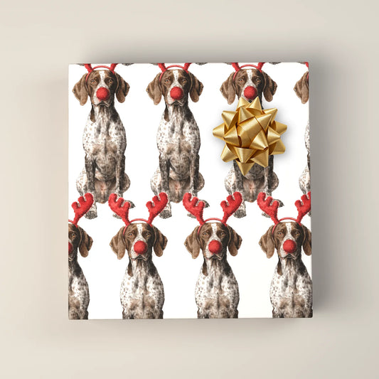 Reindog German Shorthaired Pointer Wrapping Paper on a wrapped gift box