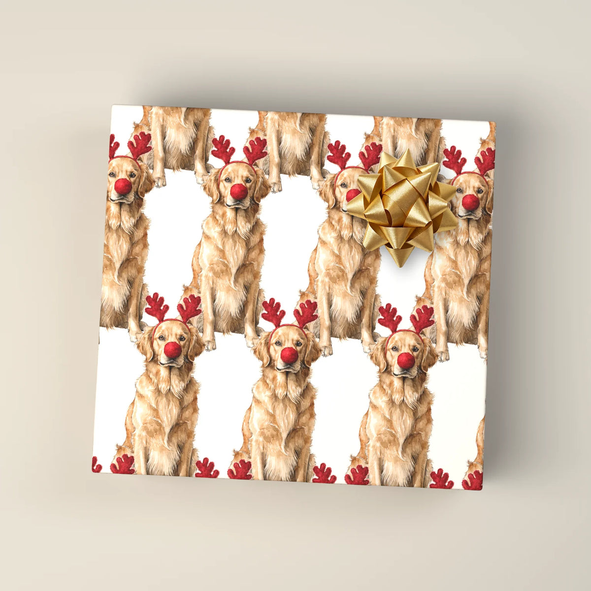 Reindog Golden Retriever Wrapping Paper on a wrapped gift box