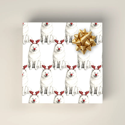 Reindog Samoyed Wrapping Paper on a wrapped gift box