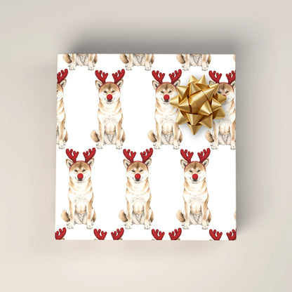 Reindog Shiba Inu Wrapping Paper on a wrapped gift box