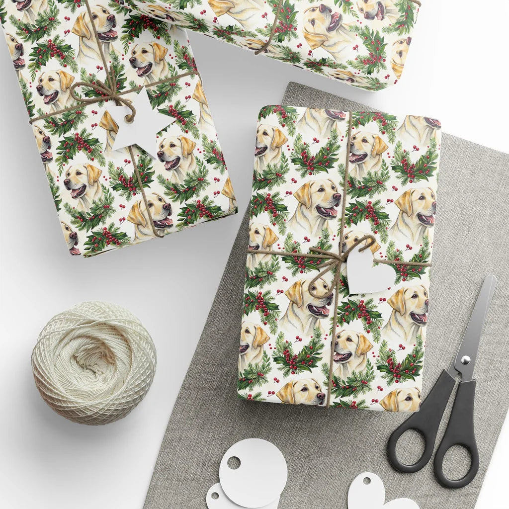 Yellow Lab Christmas Wrapping Paper with Holiday Wreaths — styled gift wrapping with scissors and twine