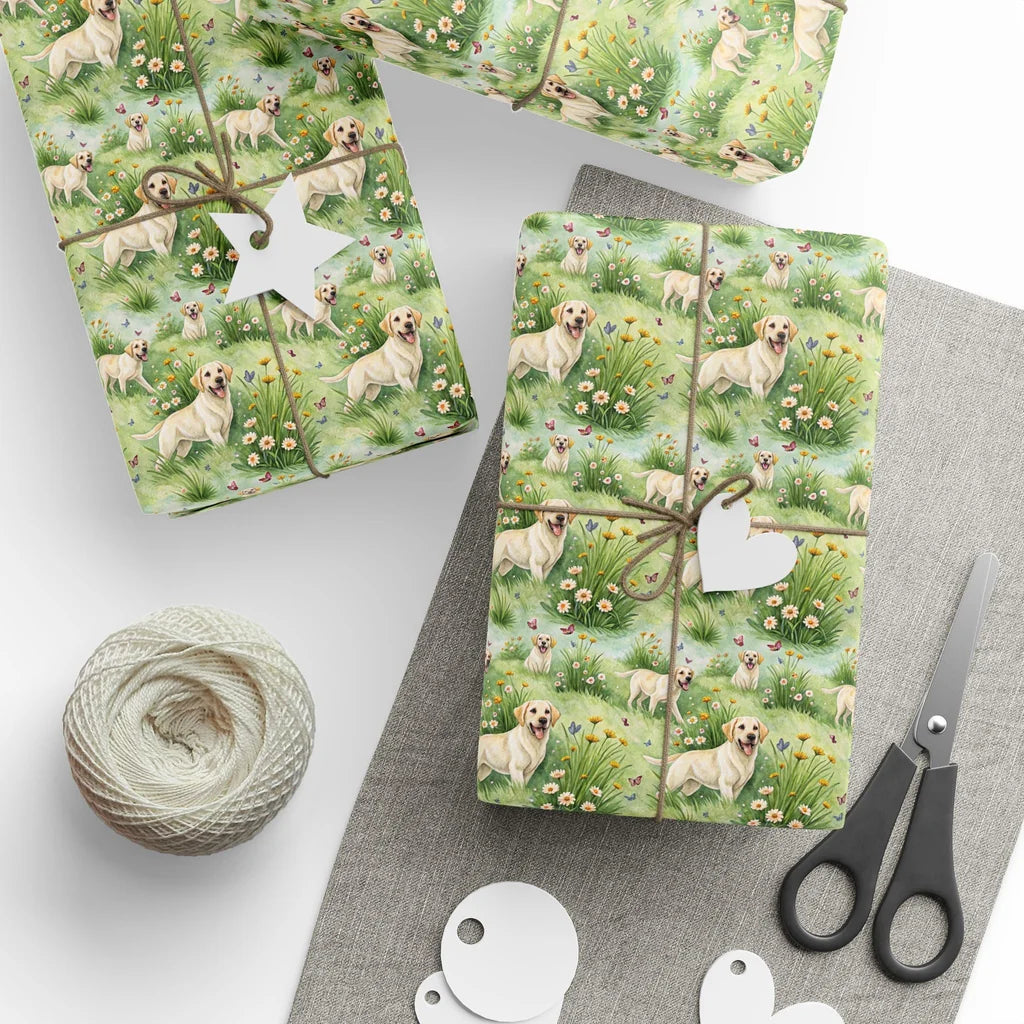 Yellow Lab in Bloom: Yellow Labrador Wrapping Paper — styled gift wrapping with scissors and twine
