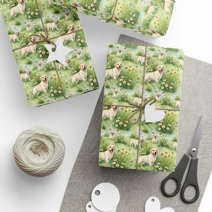 Yellow Lab in Bloom: Yellow Labrador Wrapping Paper — styled gift wrapping with scissors and twine
