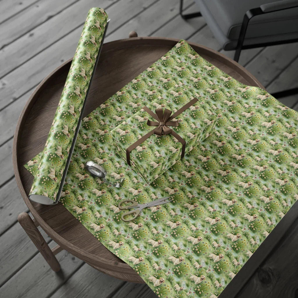 Yellow Lab in Bloom: Yellow Labrador Wrapping Paper — gift wrapping presented on a wooden table