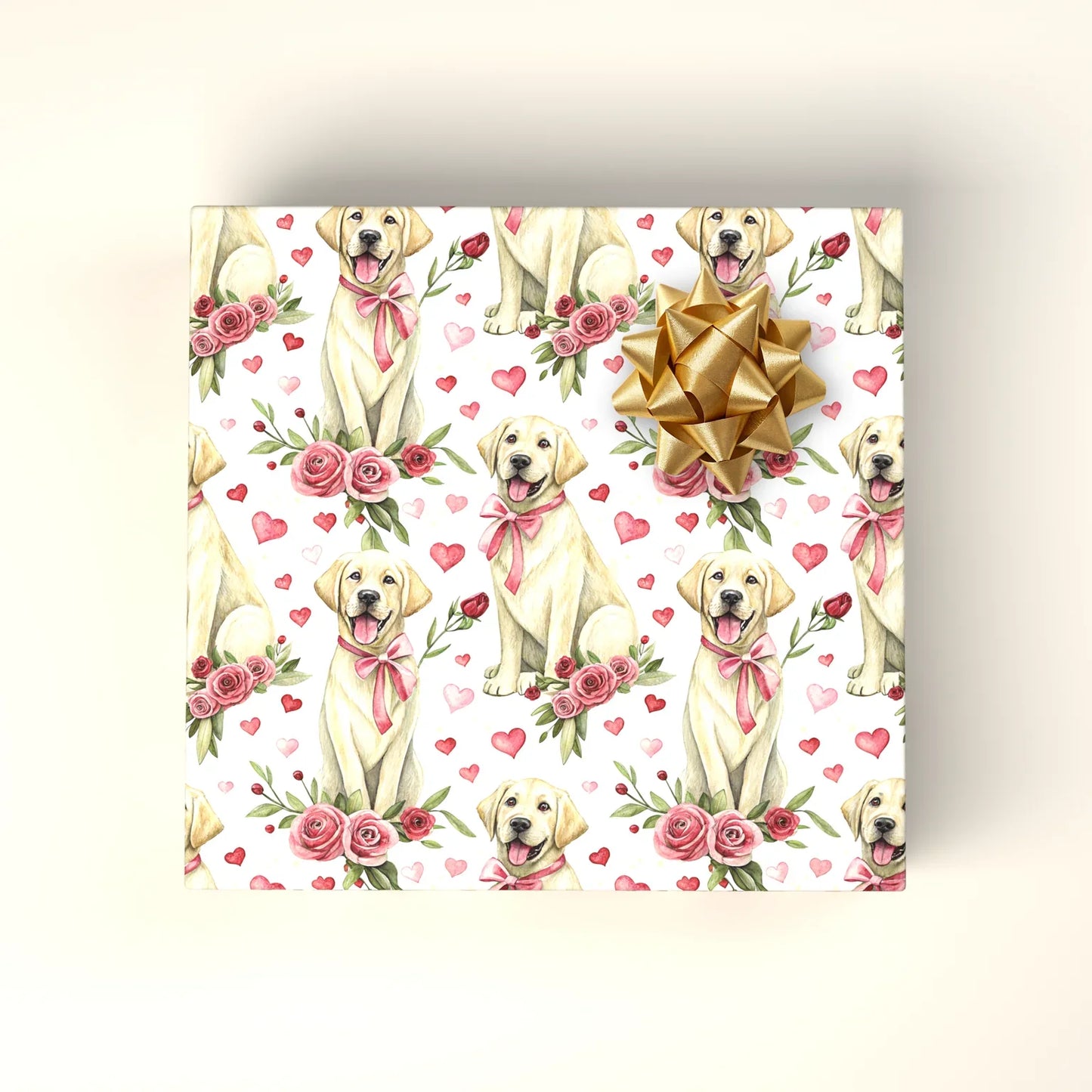 Yellow Lab Valentine Wrapping Paper with Roses and Hearts — wrapped gift presentation