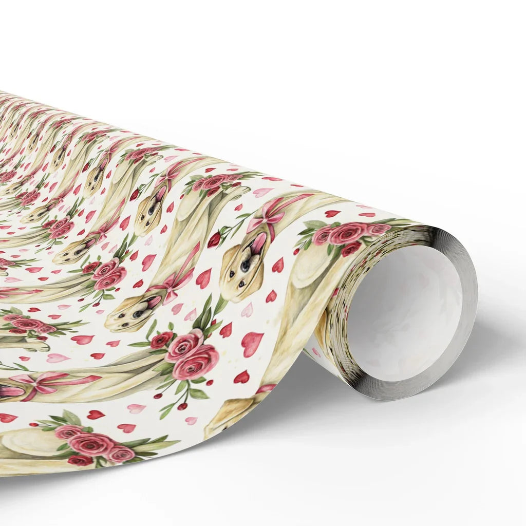 Yellow Lab Valentine Wrapping Paper with Roses and Hearts — paper roll