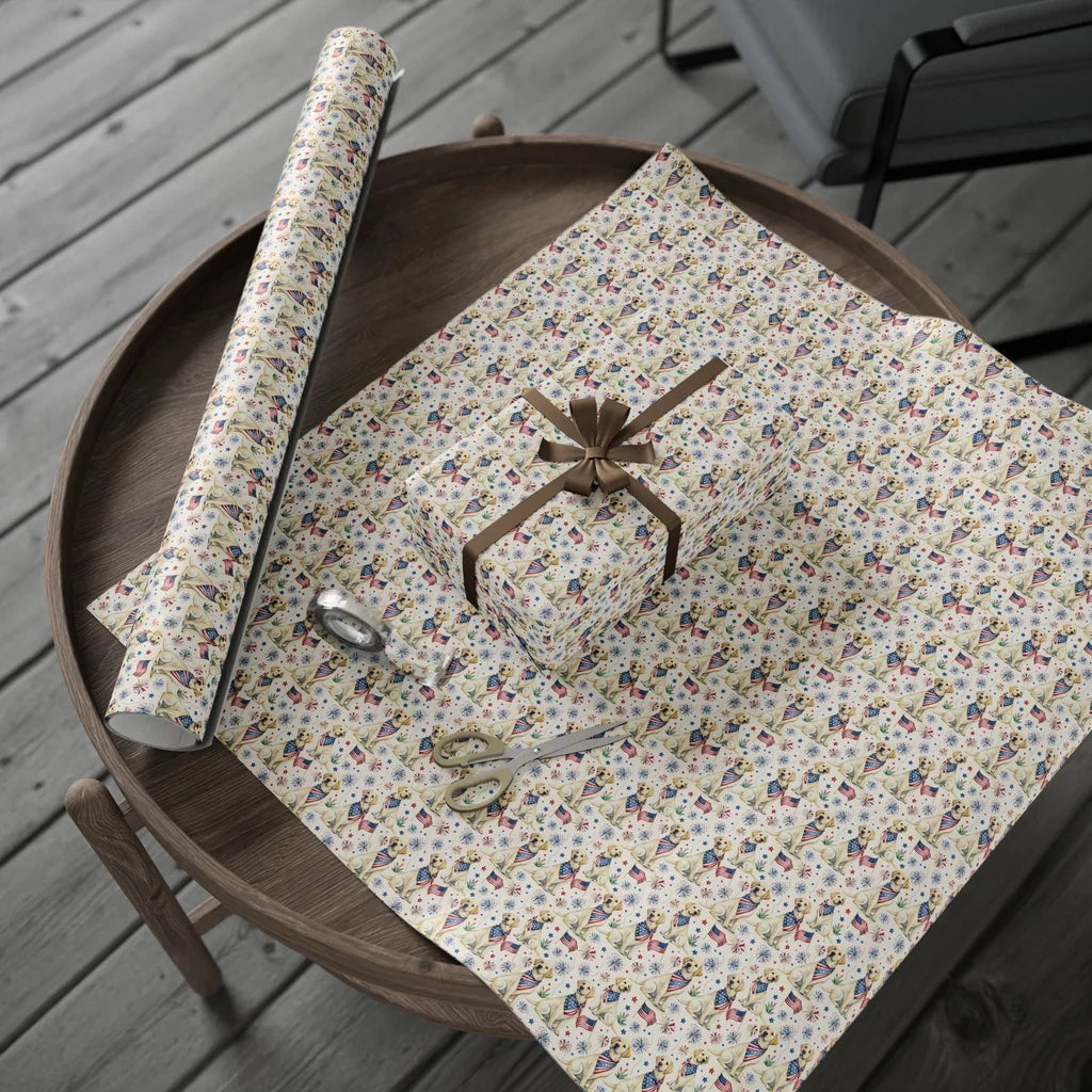 Yellow Labrador Retriever Americana Wrapping Paper — gift wrapping presented on a wooden table
