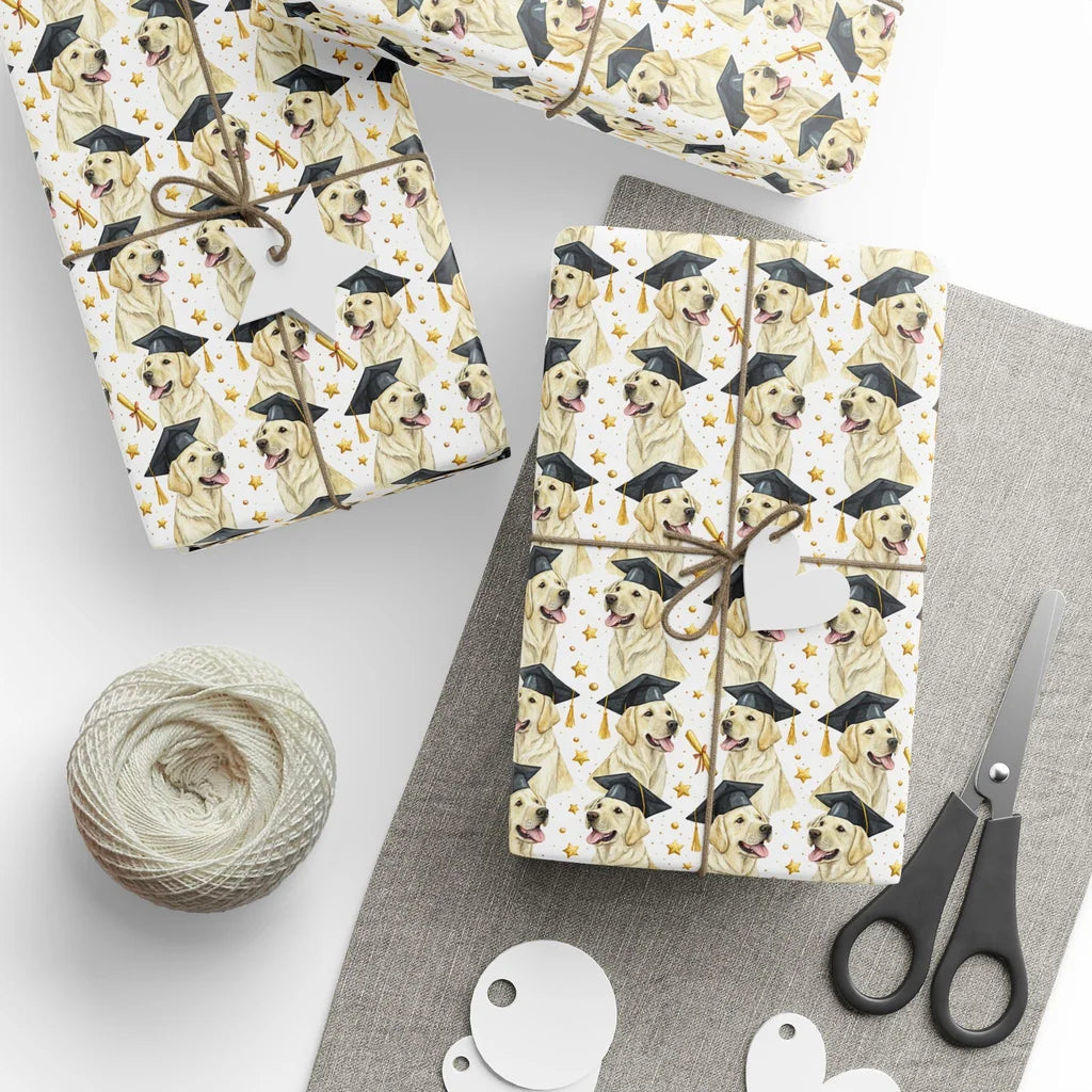 Yellow Labrador Retriever Graduation Wrapping Paper — styled gift wrapping with scissors and twine