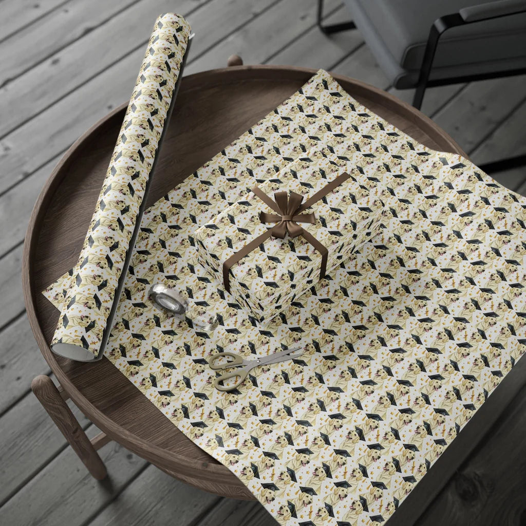 Yellow Labrador Retriever Graduation Wrapping Paper — gift wrapping presented on a wooden table