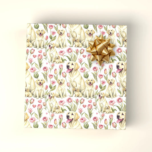 Yellow Labrador & Spring Tulips Wrapping Paper — wrapped gift presentation