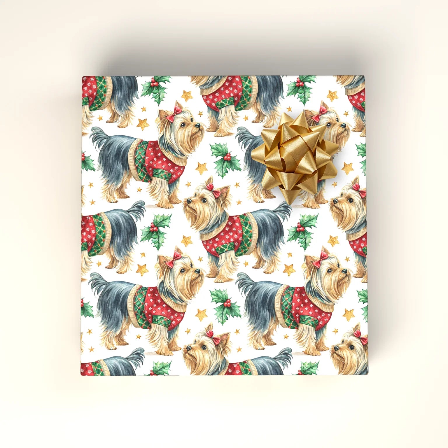 Yorkie Christmas Wrapping Paper: Festive Yorkshire Terriers — wrapped gift presentation