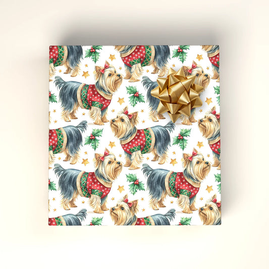 Yorkie Christmas Wrapping Paper: Festive Yorkshire Terriers — wrapped gift presentation