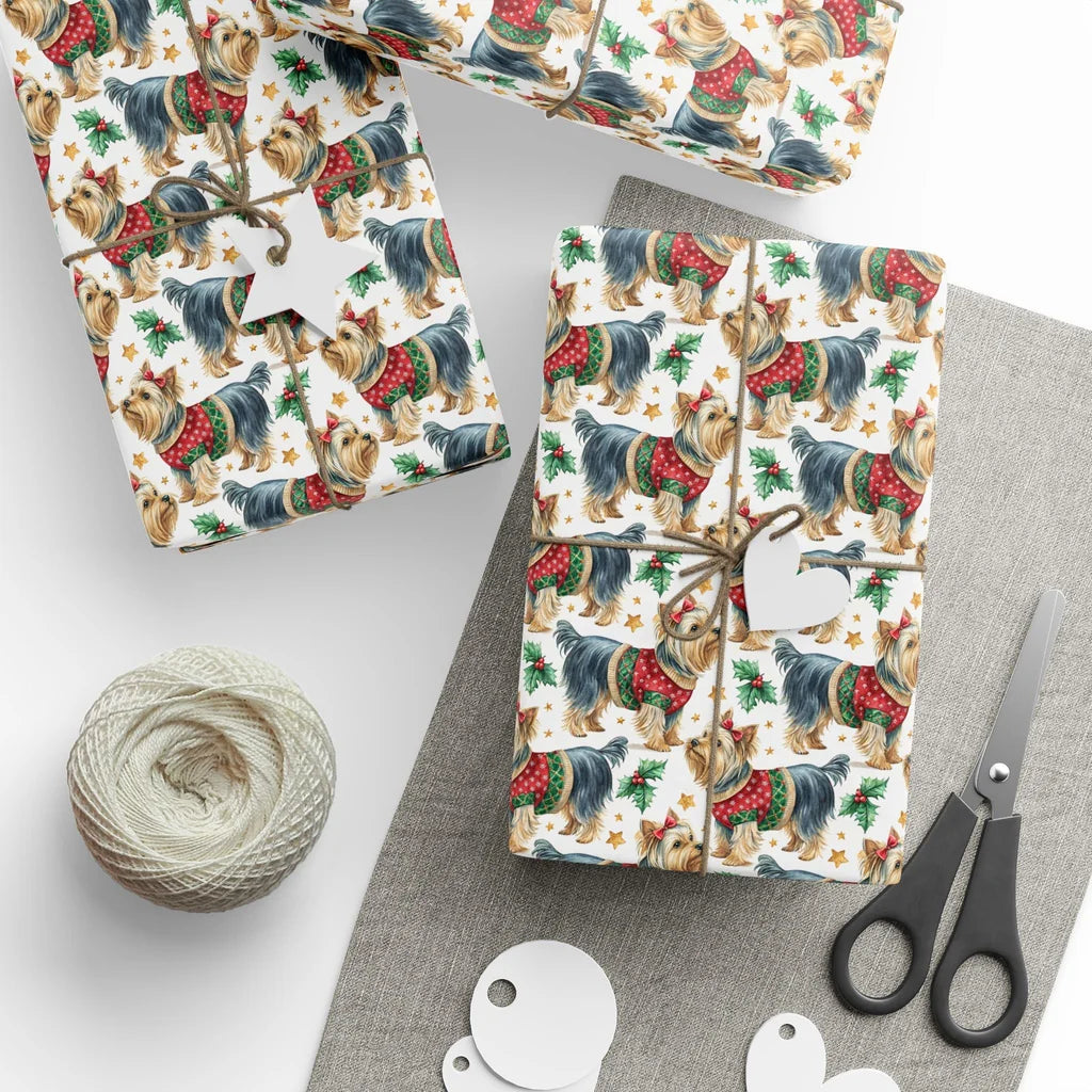 Yorkie Christmas Wrapping Paper: Festive Yorkshire Terriers — styled gift wrapping with scissors and twine