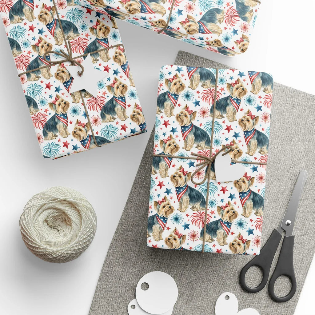 Yorkshire Terrier Americana Wrapping Paper — styled gift wrapping with scissors and twine