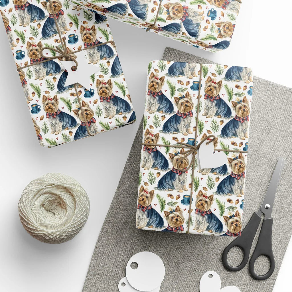 Yorkshire Terrier Christmas Wrapping Paper — styled gift wrapping with scissors and twine