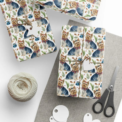 Yorkshire Terrier Christmas Wrapping Paper — styled gift wrapping with scissors and twine