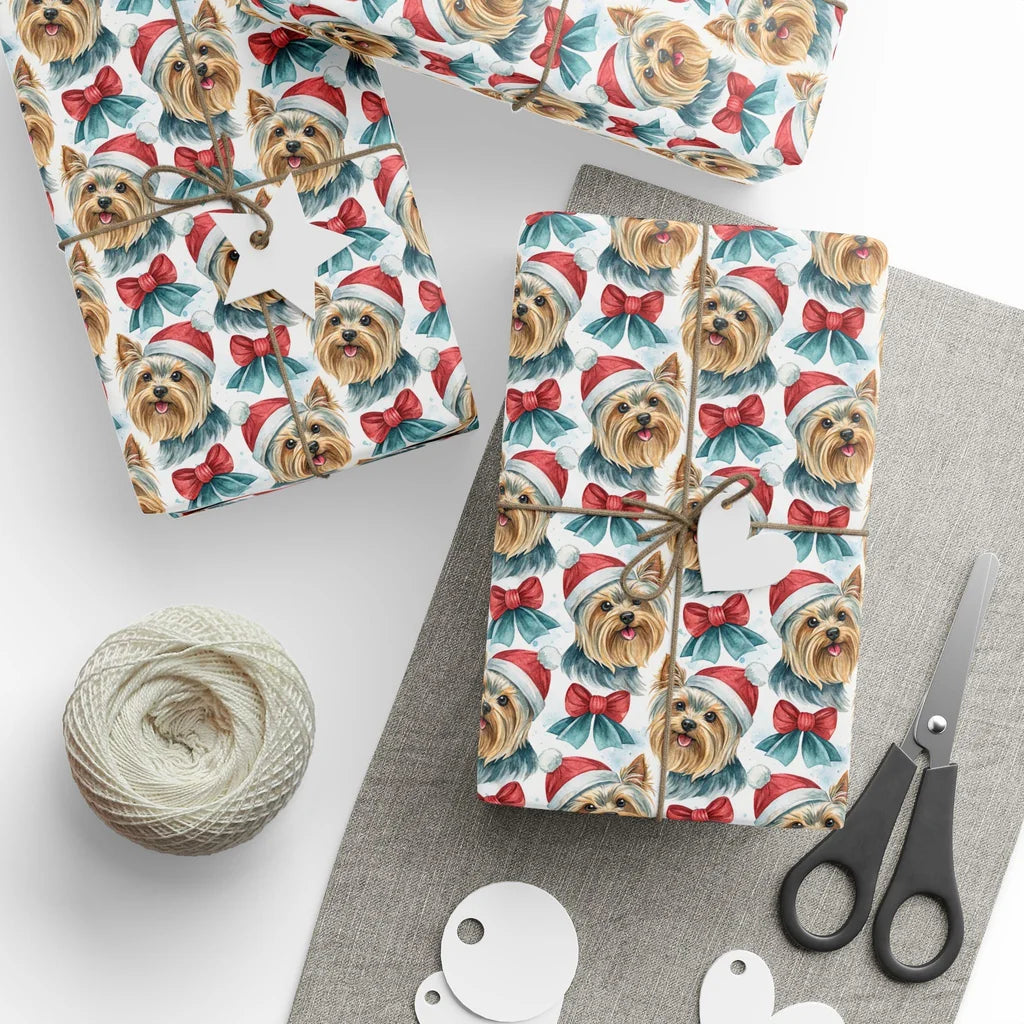 Yorkshire Terrier Christmas Wrapping Paper — styled gift wrapping with scissors and twine