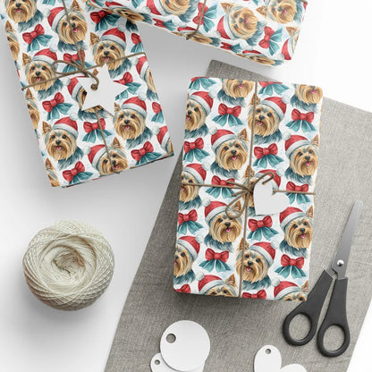 Yorkshire Terrier Christmas Wrapping Paper — styled gift wrapping with scissors and twine