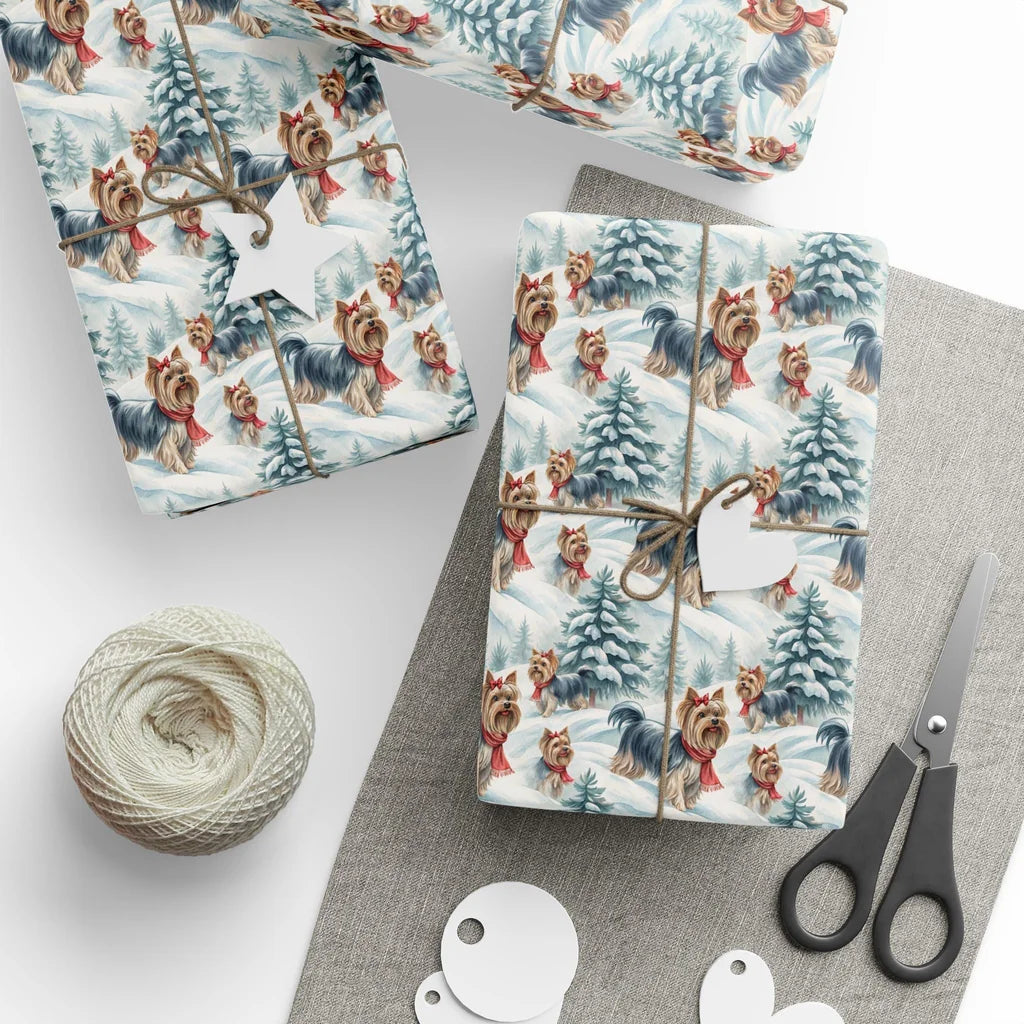 Yorkshire Terrier Christmas Wrapping Paper — styled gift wrapping with scissors and twine