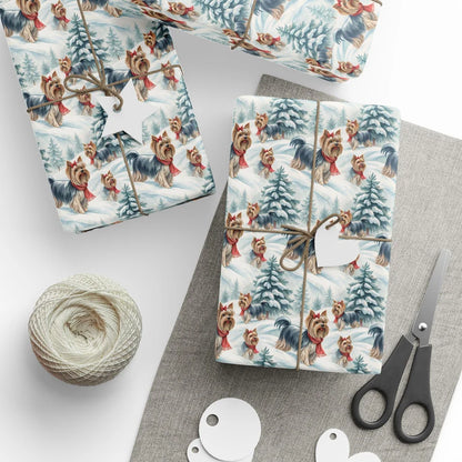 Yorkshire Terrier Christmas Wrapping Paper — styled gift wrapping with scissors and twine
