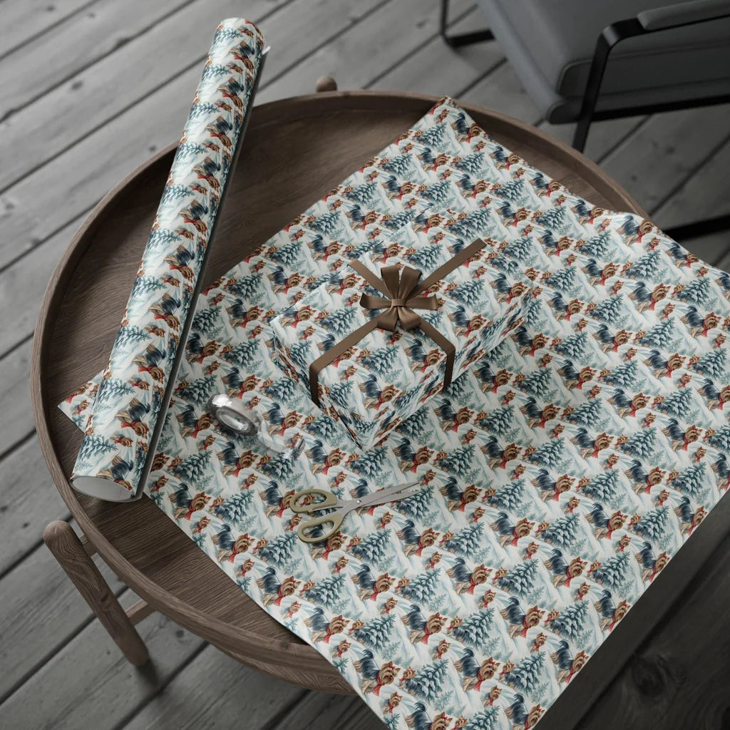 Yorkshire Terrier Christmas Wrapping Paper — gift wrapping presented on a wooden table