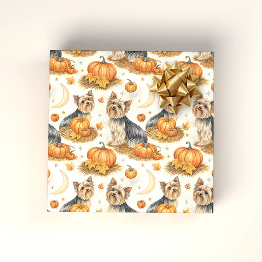 Yorkshire Terrier Fall Pumpkin Wrapping Paper — wrapped gift presentation
