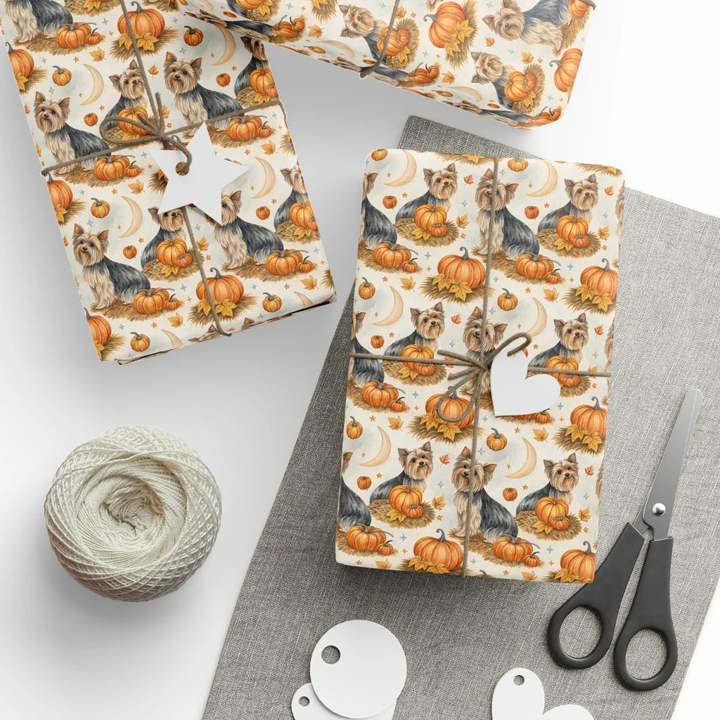 Yorkshire Terrier Fall Pumpkin Wrapping Paper — styled gift wrapping with scissors and twine