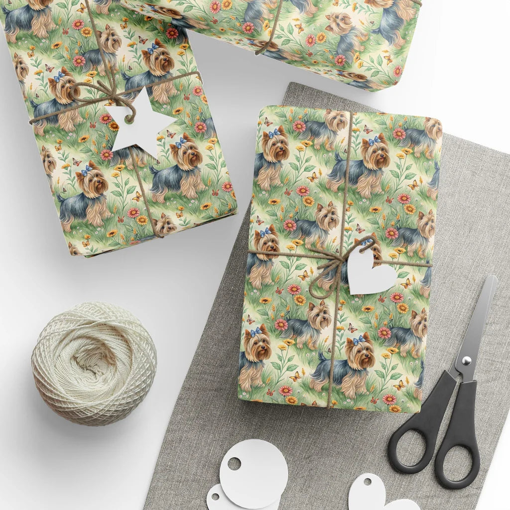 Yorkshire Terrier Garden Wrapping Paper — styled gift wrapping with scissors and twine