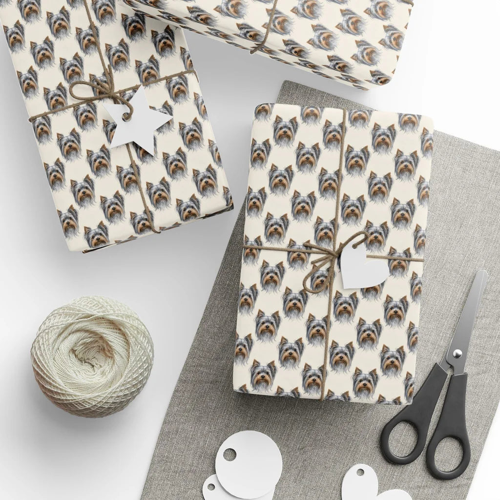 Yorkshire Terrier Portrait Wrapping Paper — styled gift wrapping with scissors and twine
