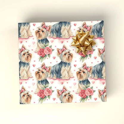Yorkshire Terrier Rose & Bow Wrapping Paper — wrapped gift presentation